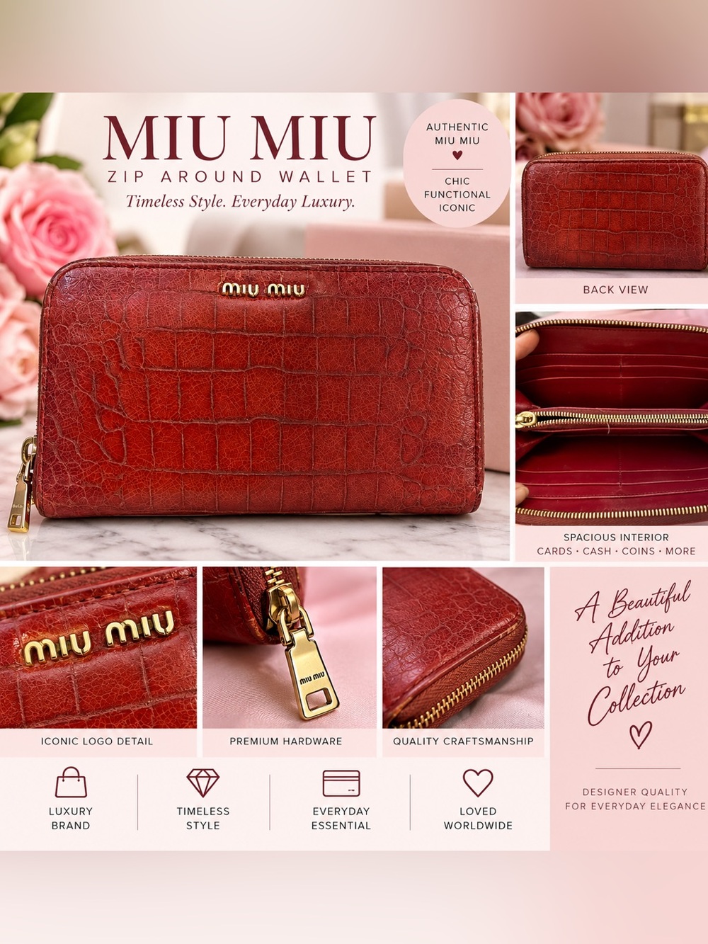 Miu Miu Croc-Embossed Zip Wallet in Deep Red with Gold Hardware